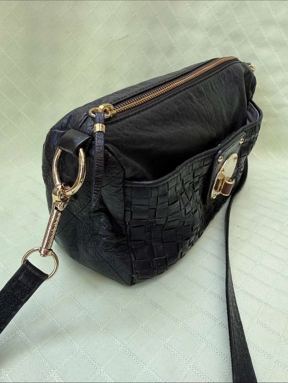 Vintage Elliott Lucca Black Woven Leather Crossbody Bag with Gold Accent